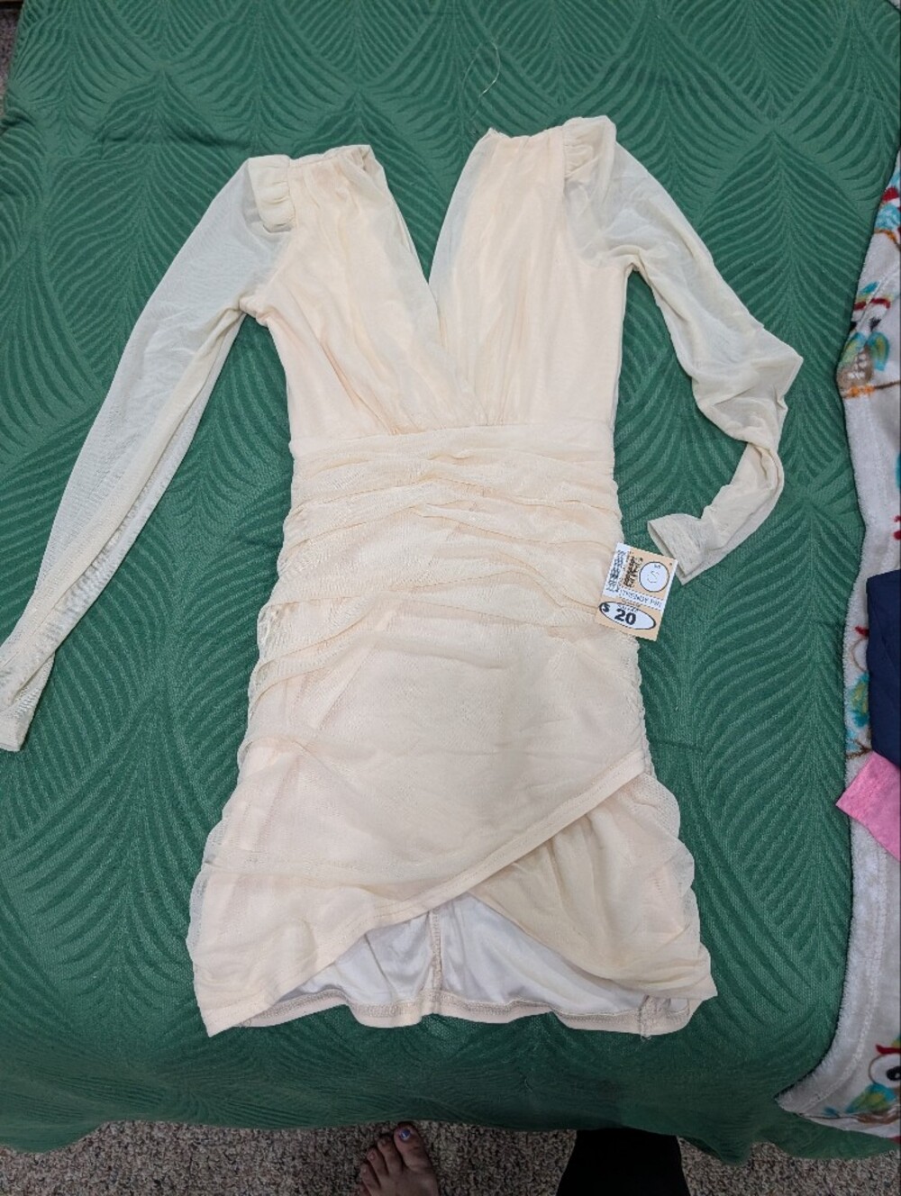 Sheer Long-Sleeve Ruched Mini Dress in Blush